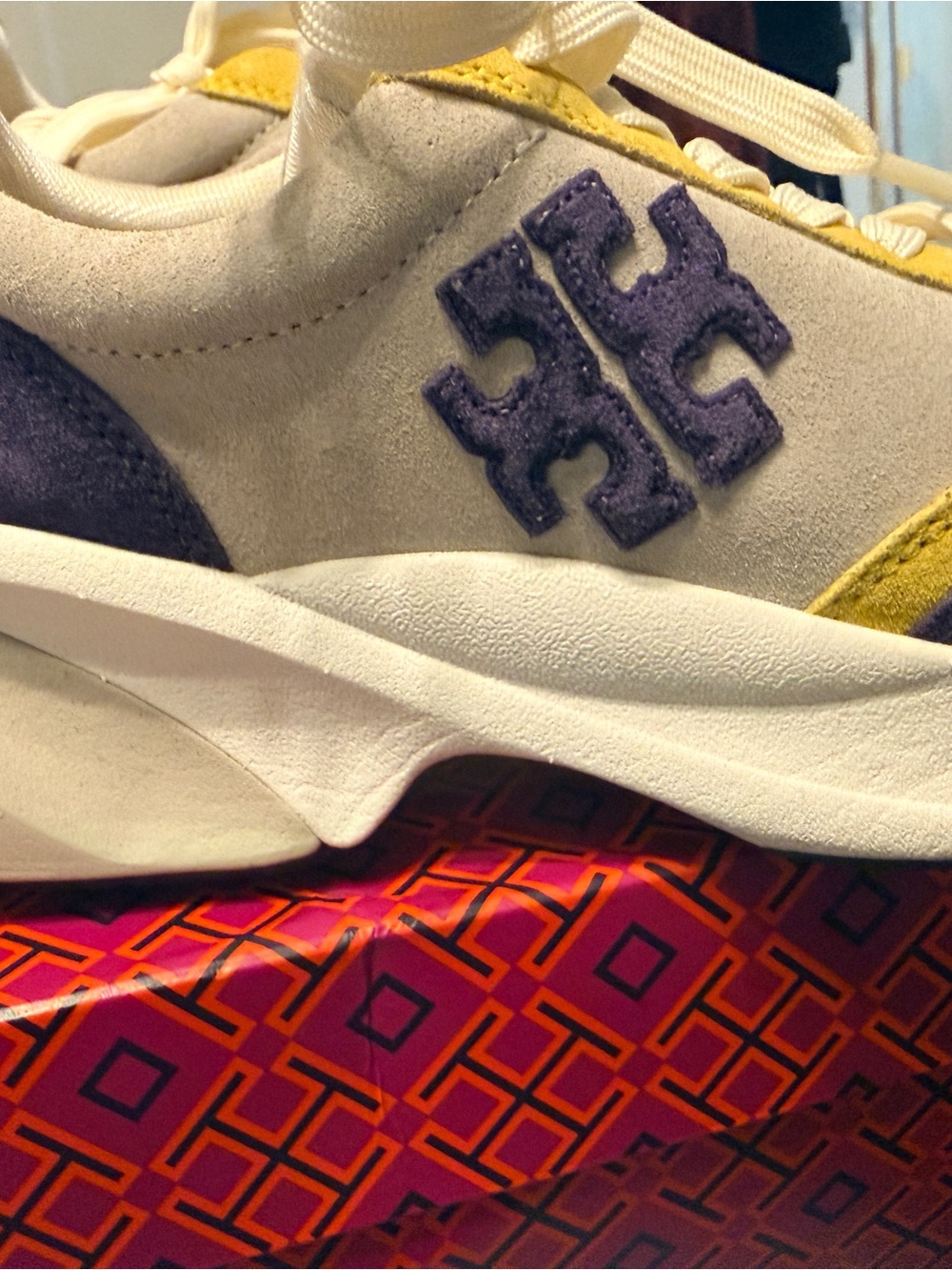 Tory Burch Yellow, Purple & Cream Suede Colorblock Sneaker - Picture 3 of 8